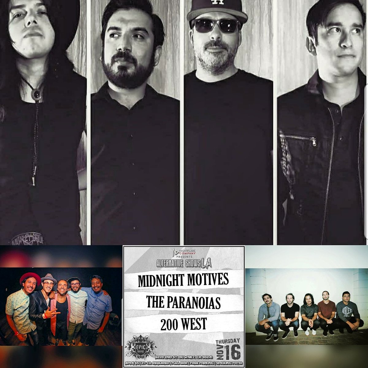 nightflare_la's tweet photo. Next Thursday Nov 16th! We present! @MidnightMotive w/ @TheParanoias & @200West at The Epic Lounge in Downey! Join our Facebook event on our profile, Share, & invite.
#midnightmotives #theparanoias #200west #music #livemusic #losangeles #california #thursday #birthday https://t.co/0gffcuuXVv