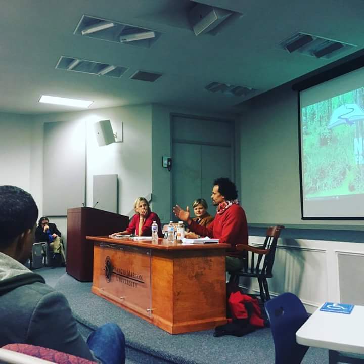 PDFPF's tweet photo. English professor Megan Woosley captured five writers in one frame at the opening session this morning. Tonight: Gregory @Pardlo at 6, Landon Houle at 7. #pdfpf https://t.co/VV0gH1rao3