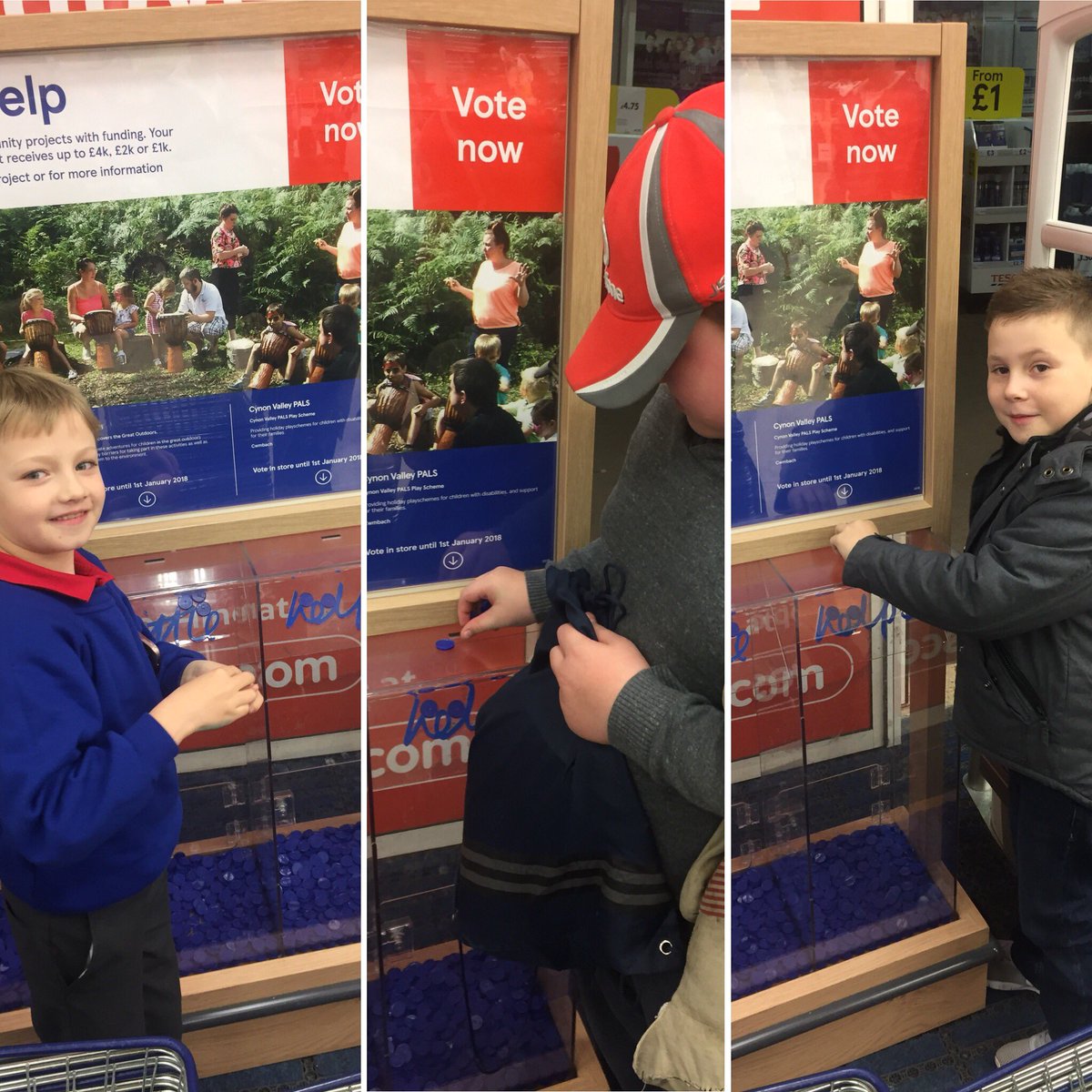 PALSCynonValley's tweet photo. Our little helpers putting blue tokens into Tesco Aberdare for us today. Please ask at the checkout for blue tokens and support your local children’s charity! #childrensdisability #charity #rct https://t.co/7qrvV0g2Ol