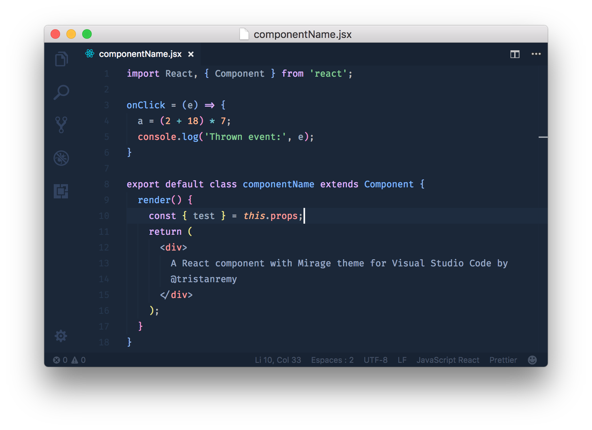 tristanremy's tweet image. Finally found some time to publish my first @code theme: "Mirage" ! Feel free to send feedbacks and clone/modify it :) I definitely need some icon/readme and screenshots but just wanted to ship it yet! (See it here in action on a @reactjs component) github.com/tristanremy/mi…