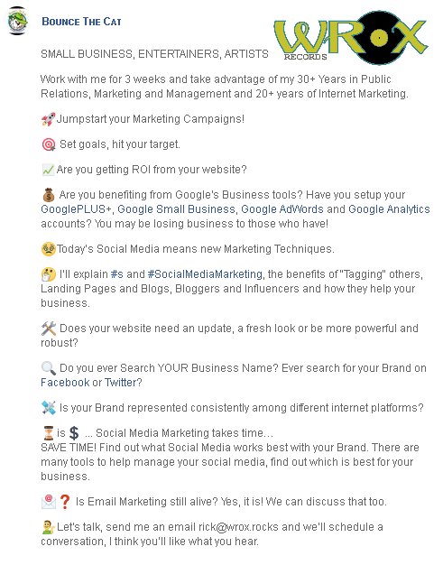 💰 Are you benefiting from Google's Business tools? Have you setup your <a href="/GooglePlus/">GooglePlus</a>, <a href="/GoogleSmallBiz/">Google Small Business</a>, @adwords and <a href="/googleanalytics/">Google Analytics</a> accounts? You may be losing business to those who have! Contact rick@WROX.rocks