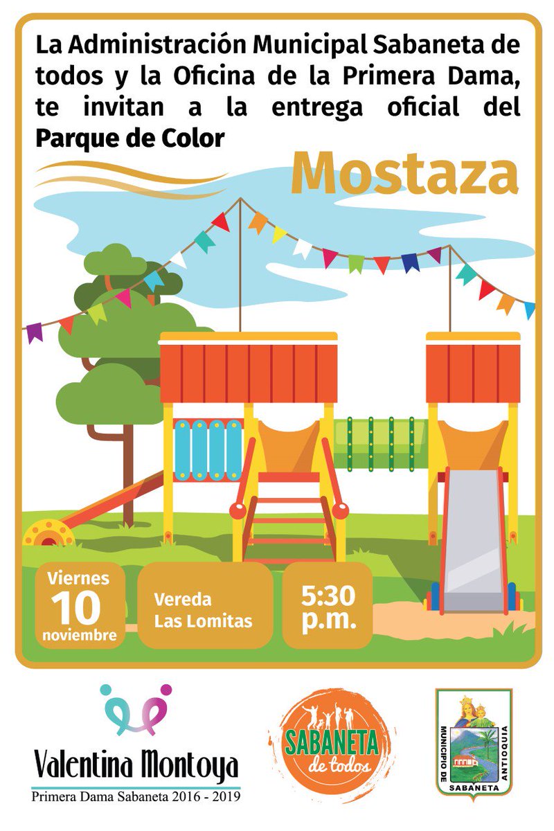 AlcSabaneta's tweet photo. Mañana viernes la Administración Municipal y La Primera Dama Valentina Montoya entregarán dos nuevos Parques de Color Encuéntrate, uno de color arena en el sector La Inmaculada a las 3:30 p.m. y otro de color mostaza en la vereda Las Lomitas, a las 5:30 p.m.
#SabanetaDeTodos https://t.co/up6mgtVBAZ