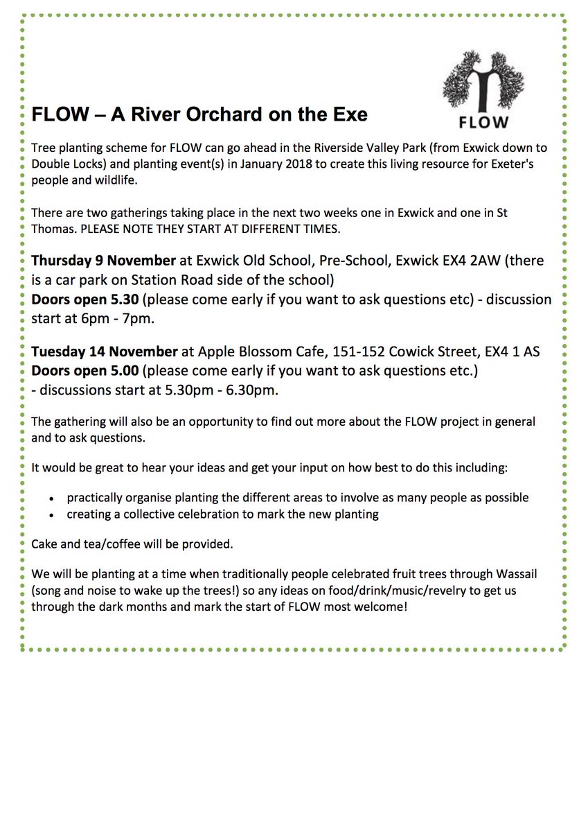 exwickcb's tweet image. Great to hear about the Flow River Orchard project tonight, a wonderful foraging route along the Exe for the community of Exeter. There is another gathering about the project in St Thomas next Tuesday 14th Nov - Apple Blossom Cafe 5.30-6.30pm.
