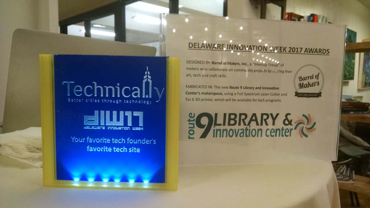 Tonight <a href="/technicallyDE/">Technical.ly Delaware</a> is giving out these #DIW17 awards- designed by us, and then fabricated at the new Route 9 Library and #innovation Center. <a href="/DELibraries/">Delaware Libraries</a> <a href="/TheMillDE/">The Mill Space</a>