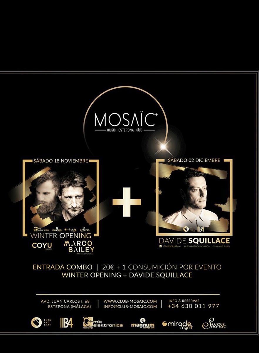 RosaAnaRivas's tweet photo. ENTRADAS COMBO MOSAÏC: WINTER OPENING + DAVIDE SQUILLACE solo por 20€ (entradas limitadas).  Para +INFO &amp; VIPS -> 678811695 https://t.co/INry7cpLGT