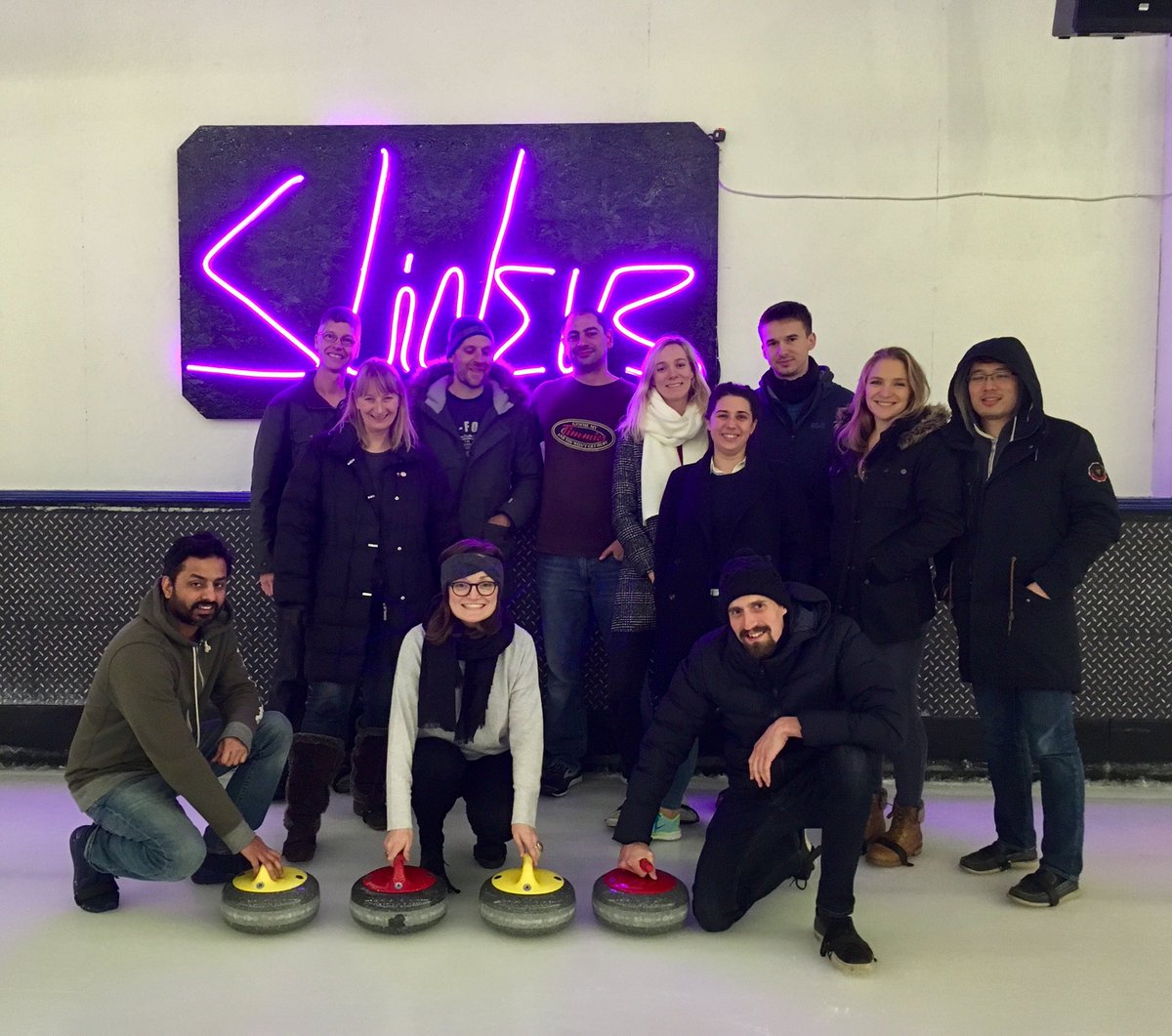 CLShelly08's tweet photo. Team got curlin’ at @queens_ice_bowl and loved it! #queensway #sliders #curling #teamouting #companyculture #theyseemesliding @rplanme https://t.co/4PPAZVfSj6