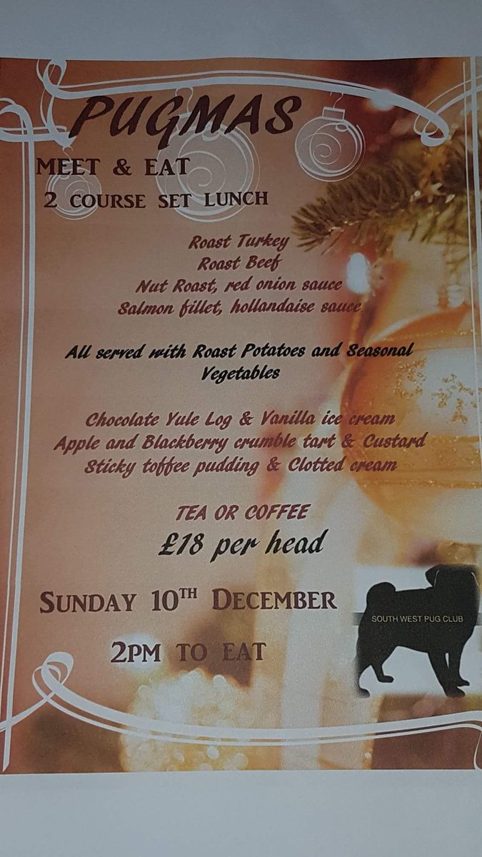 PugSouth's tweet photo. Pug Meet &amp; Eat 10th december 
Pre order required get in touch 
Best outfit find us on facebook! 
@PugSouth @LeyArms  #pugs #meetfriends #eat #pugmas #exeter #kenn https://t.co/ee8biF6ZSP