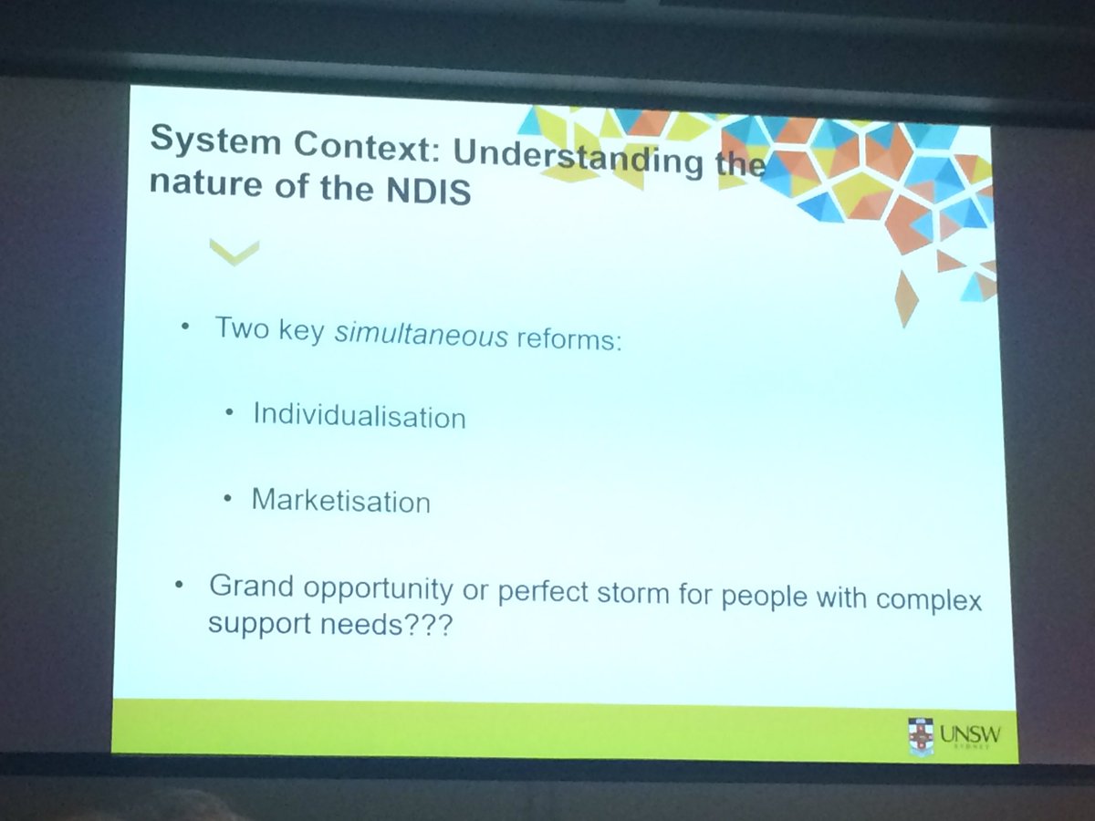 d_notara's tweet photo. Dowse: NDIS is attempting individualisation and marketisation simultaneously #ASID2017 https://t.co/xDcbZpb9A6
