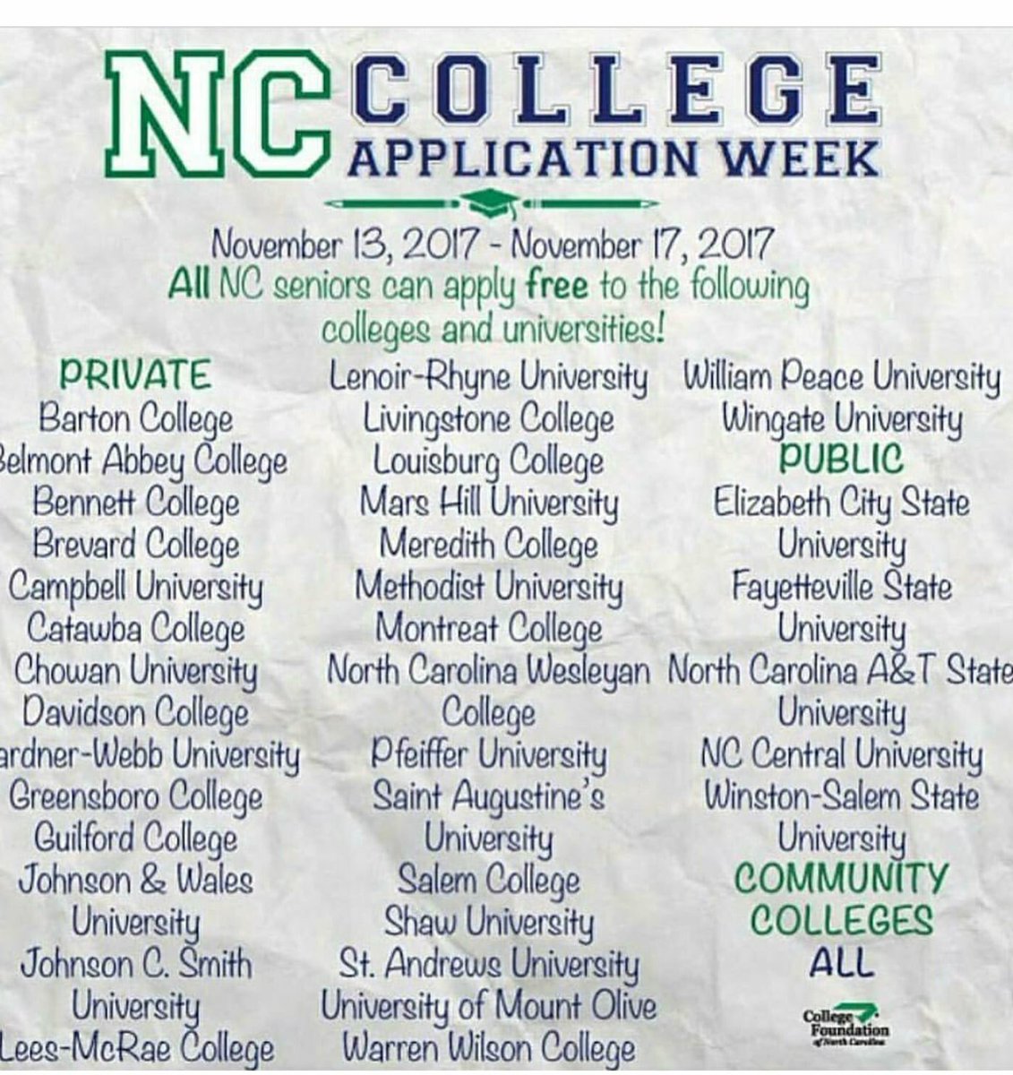 Hey Seniors! Free application week for NC colleges &amp; universities is next week. Don’t delay. <a href="/CharMeckSchools/">Charlotte-Mecklenburg Schools</a> <a href="/cmsMECHS/">CMS Middle Colleges</a>