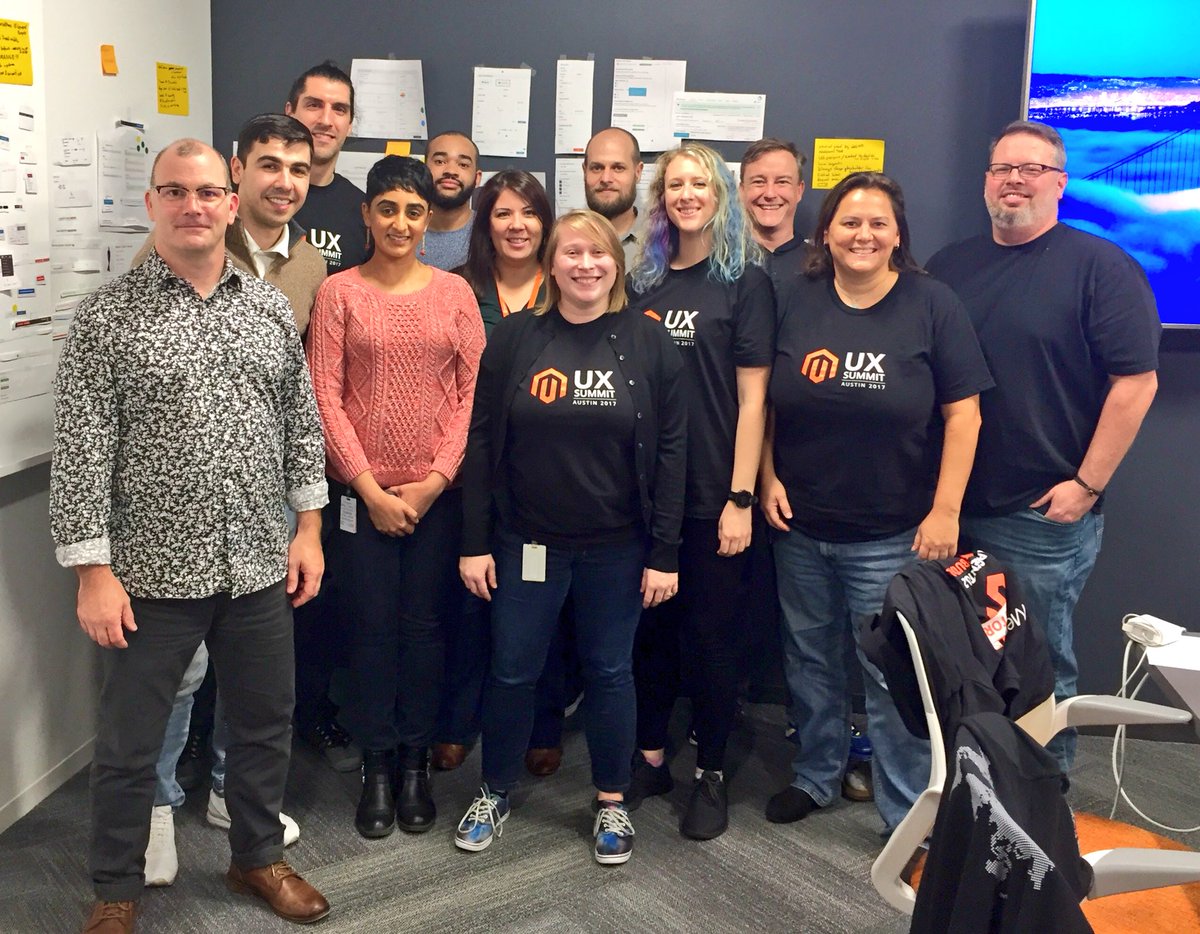 magento_ux's tweet photo. Magento 2017 #UXsummit group photo! Missing @PeterMintchev, who is on his way to Manchester for #MageTitansUK #seriousfacesillyface #uxteam #magentoATX #austinUX #austintech #UXjobs #wearehiring #howmanyhashtagsthisisridiculous #ux #design #magento https://t.co/Fjsm4K0uYZ