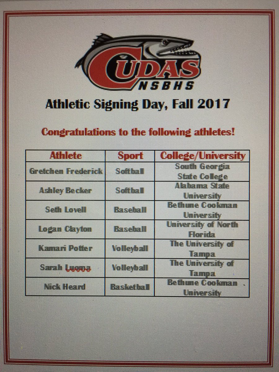 KarenMChenoweth's tweet photo. Congrats to these Cuda student athletes who signed letters of intent today. See👇.  TY AD Fuller for a wonderful ceremony! ❤️⚫️⚾️🏐🏀#DedicationAndCommitment #nextchapters @cudanation @NSBHSBarracudas https://t.co/2yYyB4BBod