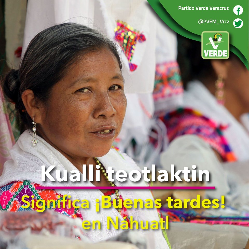 PVEM_Vrcz's tweet image. ¡Kualli teotlaktin! Hoy te decimos ¡buenos tardes! en #Náhuatl. Valoremos la diversidad lingüística de 🇲🇽 México. 

#PiensaVerde
#AprendamosNáhuatl