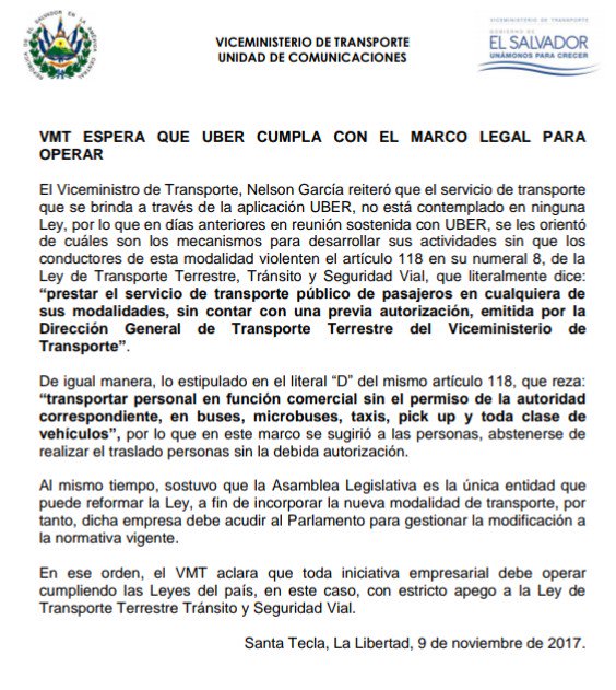 VMTElSalvador's tweet photo. @VMTElSalvador espera que UBER cumpla con el marco legal para operar. https://t.co/uR0OW5ivtK