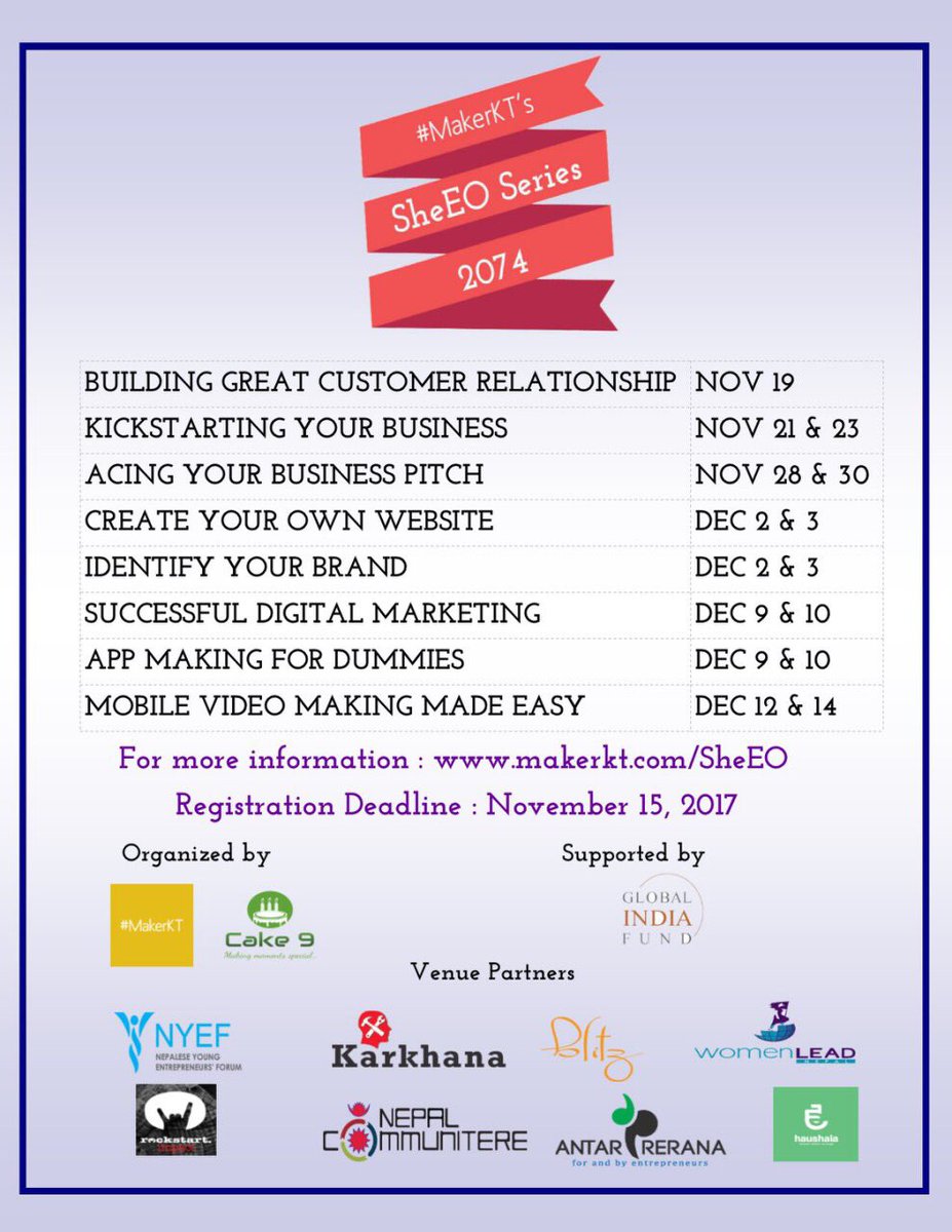 missmoti's tweet photo. #MakerKT SheEO series is starting soon! If you are a female entrepreneur in Kathmandu Nepal, do register for these wonderful workshops :) #Kathmandu #Nepal #CEO https://t.co/QZDgd9iwBw