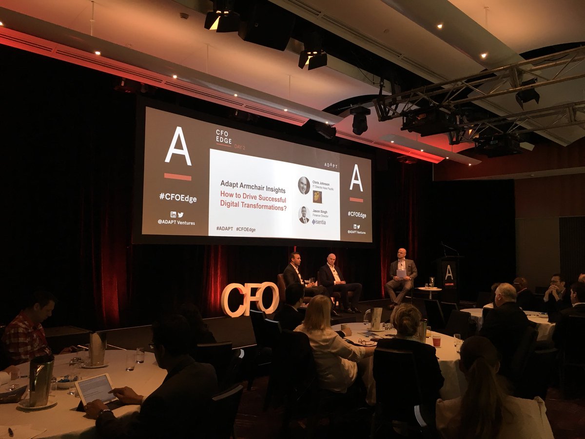 ADAPT_Ventures's tweet photo. Jan Rudnick (of ADAPT) speaking with Jason Singh (Finance Director of iSentia) and Chris Johnson (IT Director APAC 20th Century Fox) - Talking ‘How to drive Successful Digital Transformation’. #CFO #CFOEdge #ADAPT https://t.co/qnUSX0Orun