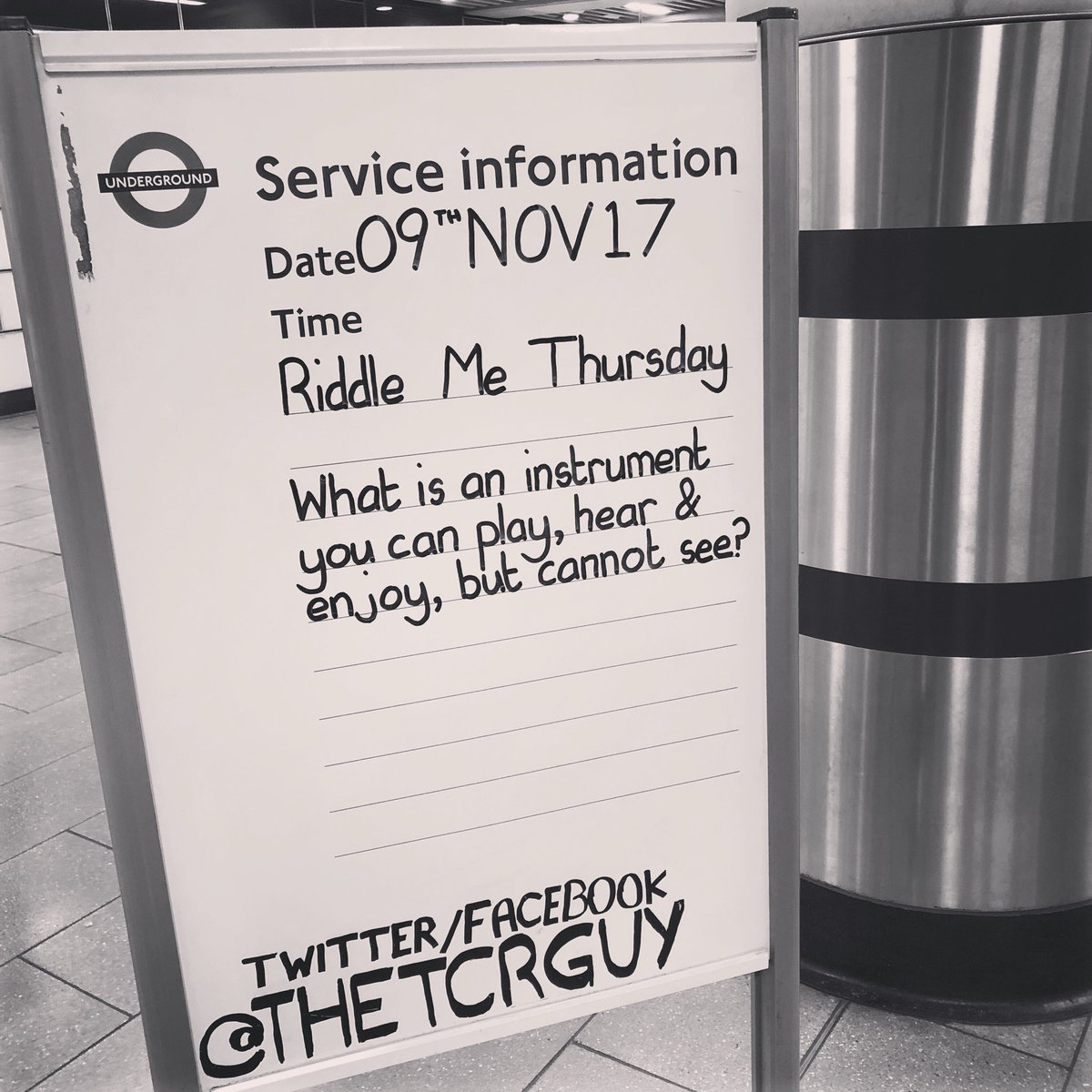 THETCRGUY's tweet photo. PLEASE PRIVATE MSG THE ANSWER #RiddleMeThursday #TubeRiddle #Riddles #TubeStation #TCRStation #Weekday #Thursday #TCR #TottenhamCourtRoad #TottenhamCourtRoadStation #LondonUnderground #Underground #London #NorthernLine #CentralLine #Instrument #Play #Hear #Enjoy #CannotSee https://t.co/d8p8c2gxiT