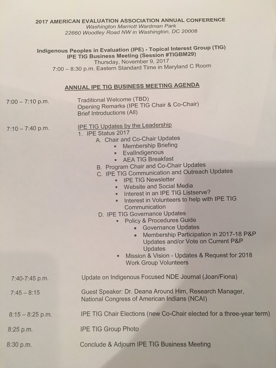 NBPC1's tweet photo. @IpeAea Indigenous Peoples in Evaluation TIG business meeting is about to happen! 7-8:30pm EST in Maryland C. Listen for the pow wow music and look for the beautiful people that await you! #IPETIG17 #Eval17 @aeaweb https://t.co/tbbKZvH1yZ