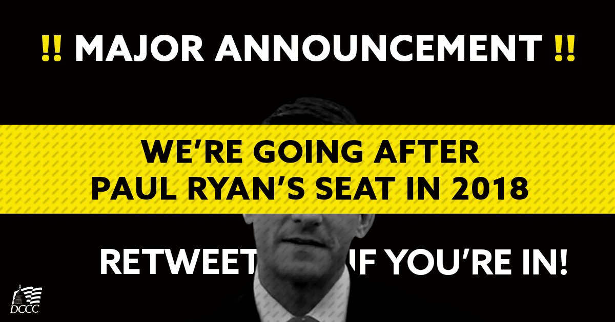 dccc's tweet photo. We just expanded our battlefield to target Speaker Paul Ryan in 2018, because no GOP seat should be safe next year -- not even the Speaker's Chair. https://t.co/Slrj5jmDvf