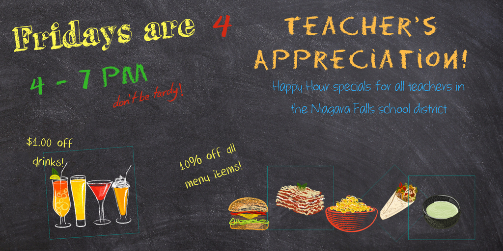 The Craft appreciates our teachers in the Niagara Falls School District! Stop in on Fridays from 4-7pm for 10% off all menu items and $1 off drinks!  #HappyHour #Teachers #NiagaraFalls
