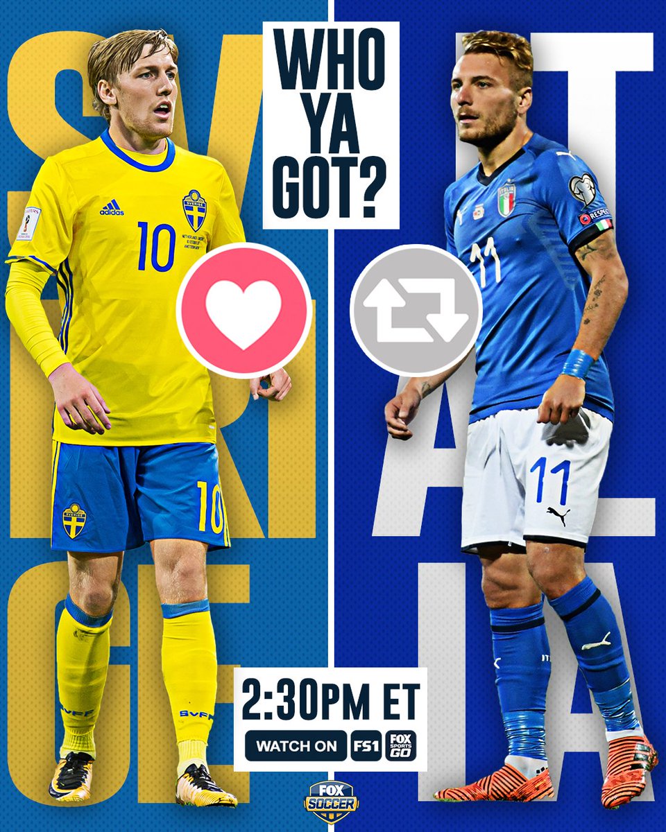 FOXSoccer's tweet photo. It's the big one. Sweden vs Italy in the World Cup Playoffs. 

Who ya got winning today's first leg? https://t.co/Sx7fHOL79h