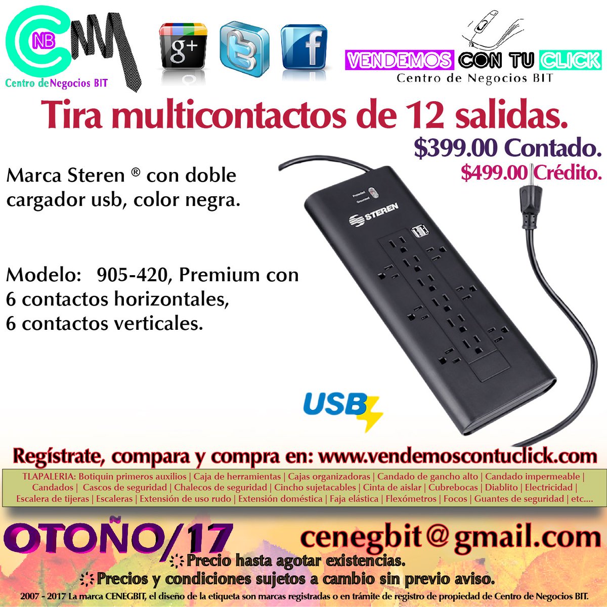 cenegbit's tweet photo. #Tlapalería #Multicontacto #Steren®, $399 mod905-420 salidas USB @Vendoypunto @c_insurgentes @venta_df @VendoCDMX @VendoyComproDF @todo_ventasCDMX @VendeTodoDf https://t.co/BUTTvWo5sa