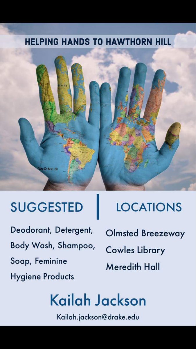 As students we often seek ways to improve our relationship with the Drake community and want more opportunities to be hands on in doing so. GA Member Kailah Jackson is currently hosting a toiletry drive for Hawthorn Hill Homeless Shelter. Reach out to her with any questions!