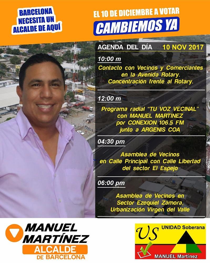 Manuelmbna's tweet photo. Nuestra agenda del día de mañana #9Nov, ¡Seguimos trabajando! #CambiemosJuntos

#Barcelona #Anzoategui https://t.co/LZlNHxh8DE