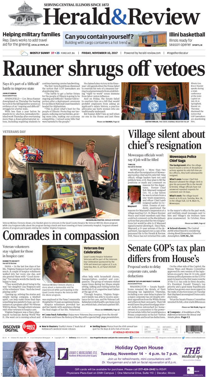 heraldandreview's tweet image. See how a group of Pana volunteers are making sure 'No Veteran Will Die Alone.' Also catch up on the Moweaqua police chief situation; action from the Illinois Legislature and what's going on with the GOP tax plan in Friday's Herald &amp;amp; Review.