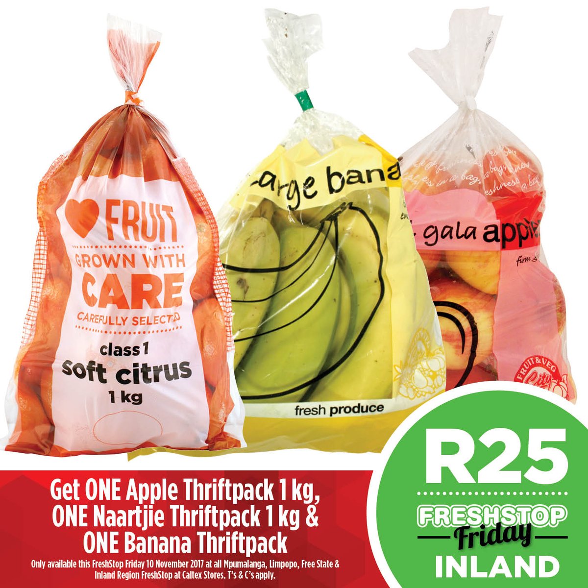 FreshstopSA's tweet photo. Keep it fresh this weekend with #FreshStopFriday Inland regions: Buy a banana thriftpack, naartjie 1kg and apple 1kg for R25!
10 Nov only. https://t.co/5jcHKopCzV