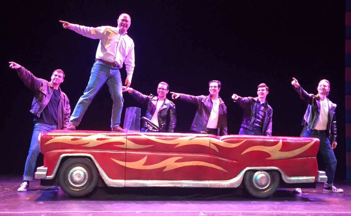 FlyerTheatre's tweet photo. @DaytonPrezSpina is a Greaser! @UDaytonKJSpina is a Pink Lady! Thanks for coming to our dress rehearsal tonight! https://t.co/NNm2Ha0nsv