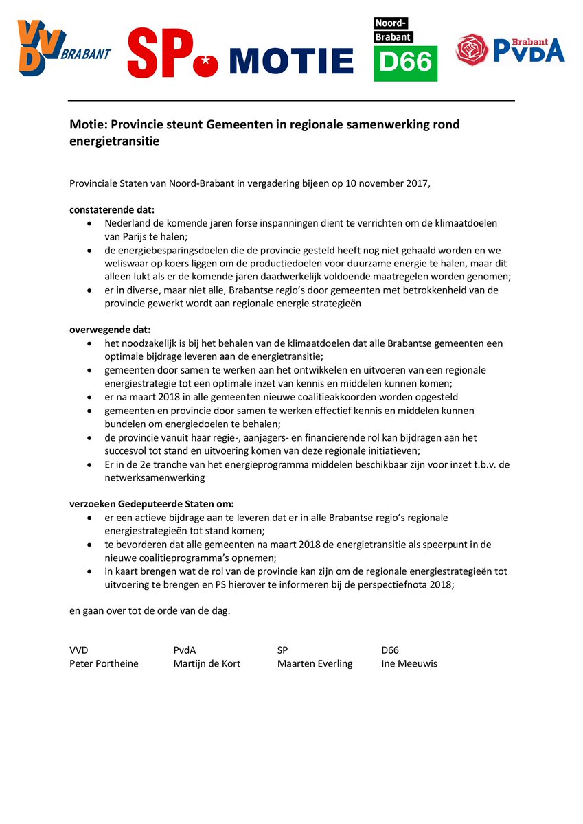 De energietransitie vraagt nu echt om actie. Op initiatief van de VVD dient de Brabantse coalitie hiertoe een motie in. #PSBrabant #Begroting2018 #Energietransitie