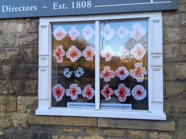 Hartleys_GE's tweet photo. Thank you to Crossley Street Primary School for providing the artwork for our poppy windows again this year in #Wetherby. A very fitting tribute for Armistice Day. #RemembranceDay2017 https://t.co/BEWauhaIbo