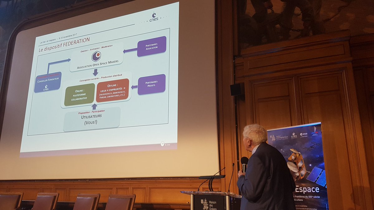 Jacques Blamont, de l’Académie des sciences et conseiller du président #CNES, termine ce colloque sur de passionnantes idées, créer une fédération, un système rassemblant des partenaires professionnels et une foule de participants, afin d'ouvrir le spatial au plus grand nombre.