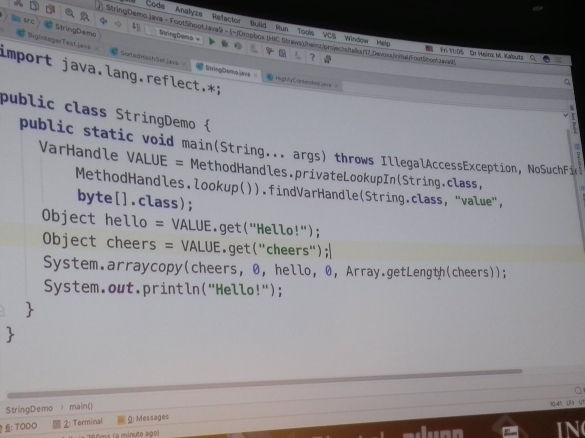 mariofusco's tweet photo. You can have lots of fun and shoot yourself in your foot at the same time with Java 9 thanks to @heinzkabutz hints #Devoxx https://t.co/pUasGyRjwu