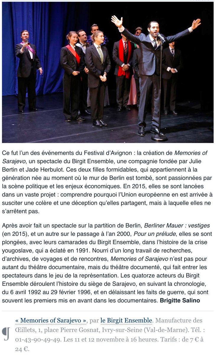 _Copilote_'s tweet photo. [LA PRESSE EN PARLE] "Une passionnante histoire du siège de Sarajevo, à Ivry-sur-Seine", Brigitte Salino pour @lemondefr à propos de "Memories of Sarajevo" du #BirgitEnsemble, actuellement au @Le_TQI !!! Merci ! https://t.co/CfjDEyVt1O https://t.co/u6H6Lkz5UM