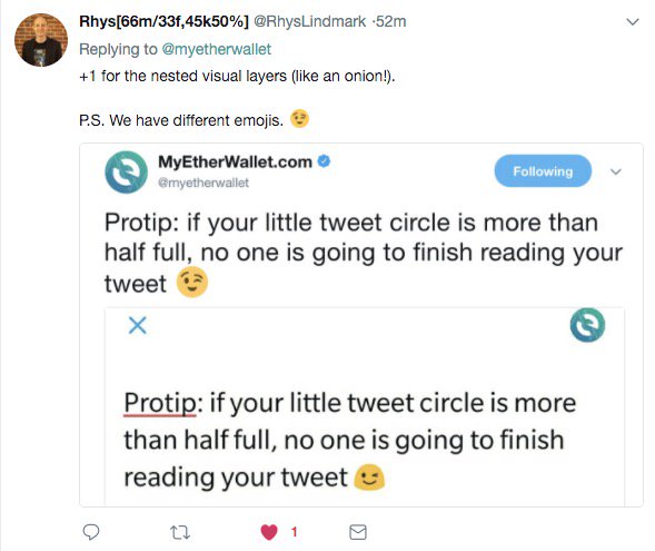 myetherwallet's tweet photo. @RhysLindmark You're emojis are the same as mine, silly! #mustgodeeper😂 https://t.co/Xzt37lCmcy