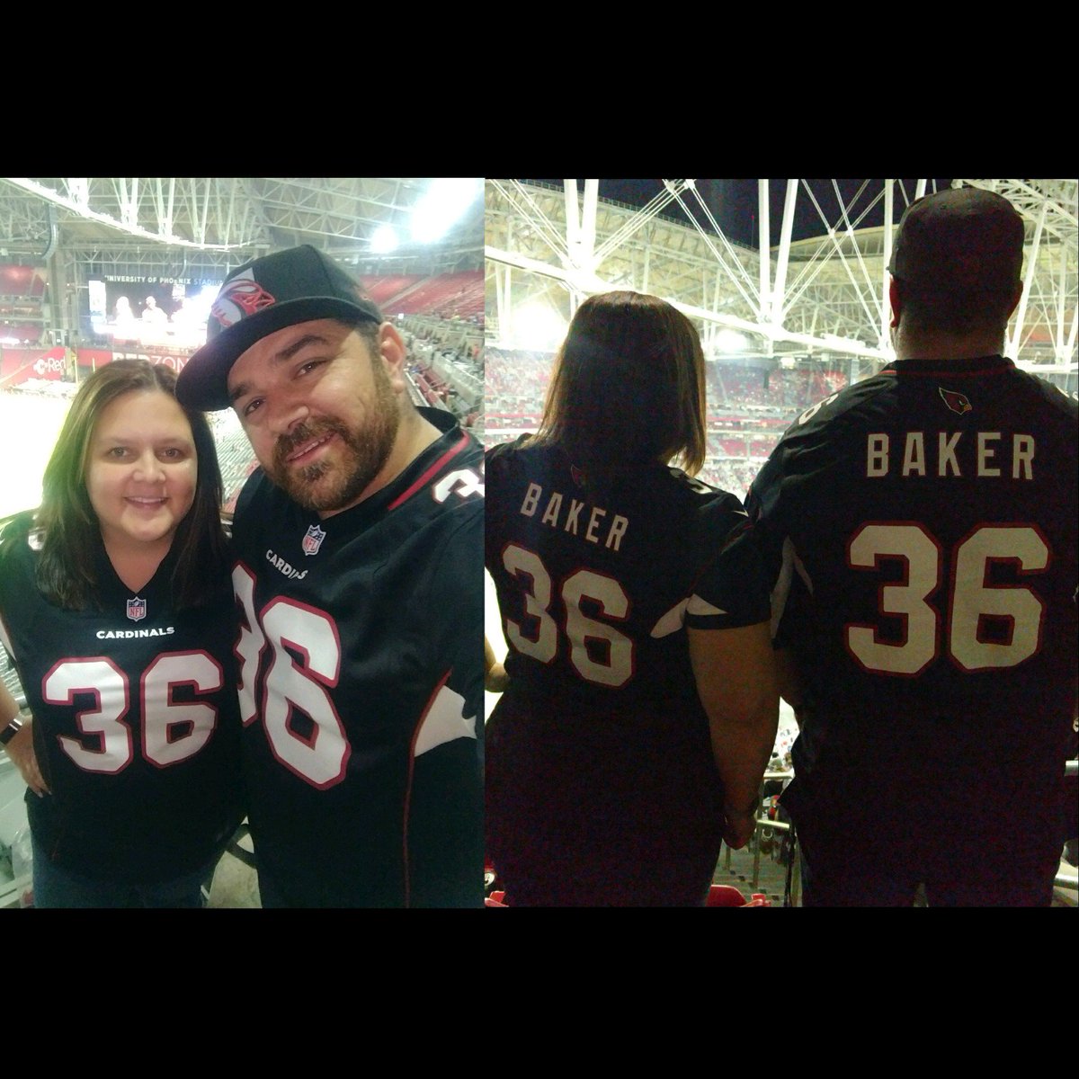 BradBaker81's tweet photo. Check it out @buddabaker32! My wife @KimBaker3 and I ordered custom jerseys before the game tonight at the @AZCardinals Team Shop. You might recognize them. Bro, you balled out tonight! #BakerFan #GoCards #BeRedSeeRed https://t.co/cGhMTFqREO