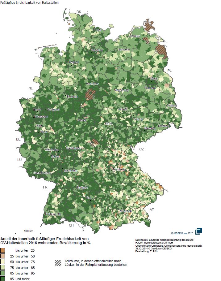Für rund 96 % der Bevölkerung sind es maximal 600 m Luftlinie bis zur nächsten Bus- oder Bahn-Haltestelle &amp; maximal 1,2 km zum nächsten Bahnhof. In dünn besiedelten ländlichen Kreisen müssen etwa 8 % deutlich weiter laufen. Mehr im Raumordnungsbericht: bbsr.bund.de/BBSR/DE/Veroef…