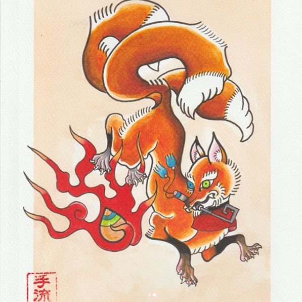 handstyletattoo's tweet photo. Kitsune painting and tattoo done by our appy, Daniel! He has a bunch of other paintings ready for the taking (and tattooing)! To book, email handstyletattoos@gmail.com. https://t.co/8QfGCsP2oC