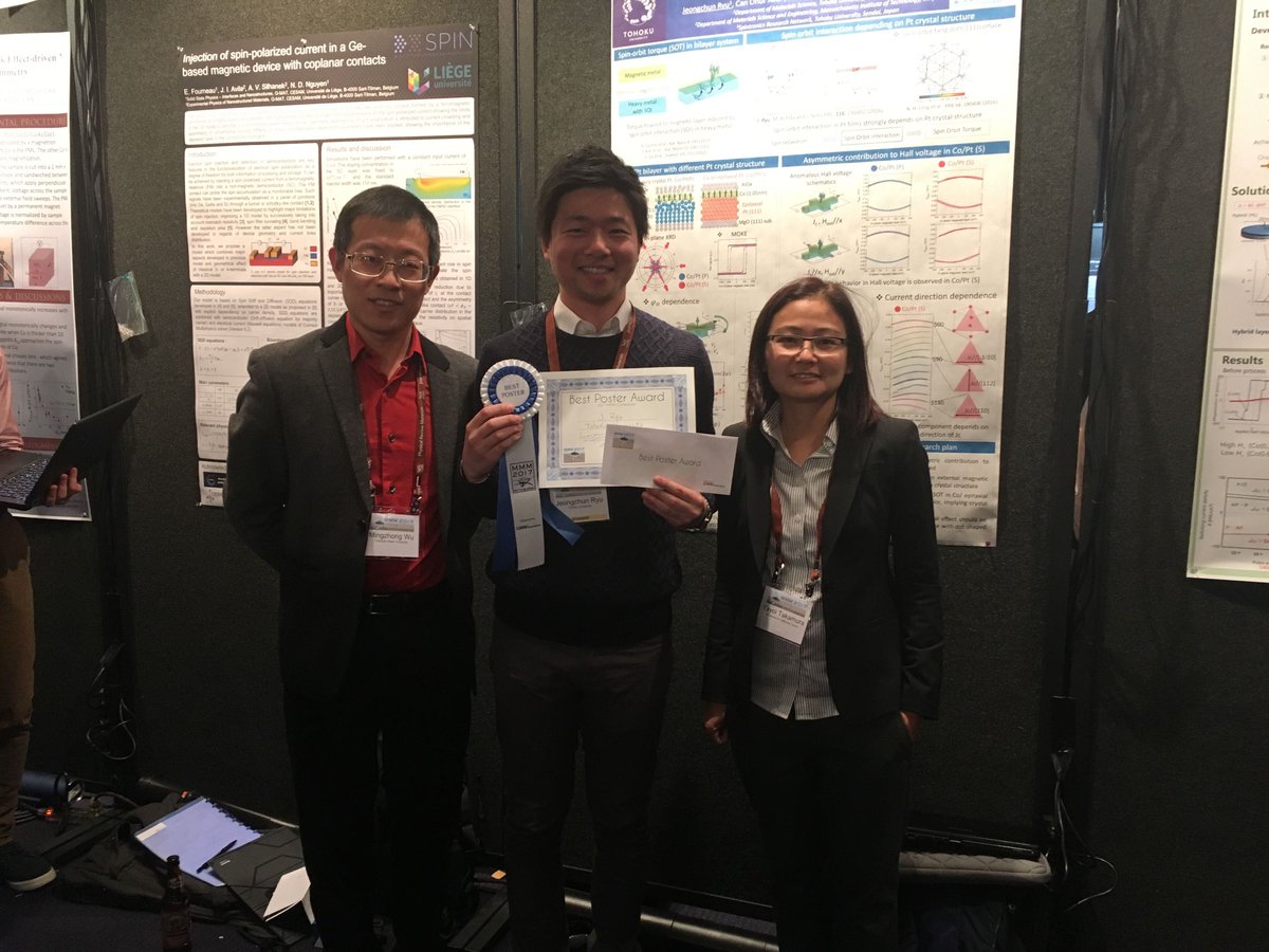 IEEEMagSoc's tweet photo. #MMM62 Best Paper Award - Paper FR-10 "Antisymmetric contribution to the Hall voltage in Co/Pt bilayer depending on Pt crystal structure". Congratulations!! https://t.co/0ugzQT8Jqy