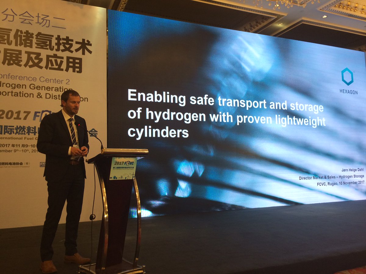 HexagonASA's tweet photo. @HexagonASA’s Jorn Dahl spoke about safe transport and storage of #hydrogen with proven lightweight cylinders at the 2nd International Fuel Cell Vehicle Congress @FCVC in Rugao @Ajoe71 https://t.co/w7NPfpwq8B