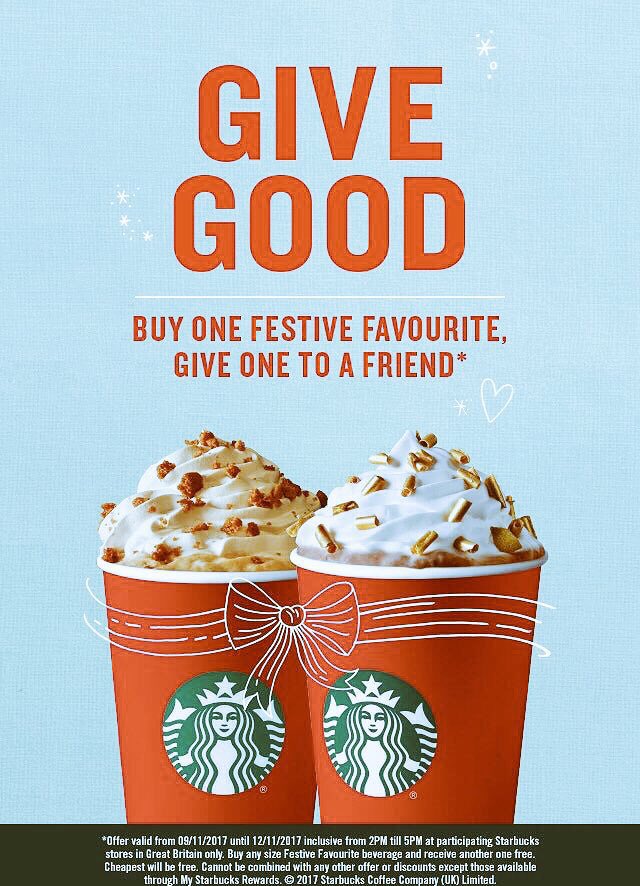 deanhsbux's tweet photo. Come and see us again today between 2 and 5pm - buy a festive favourite drink and get one free to give to a friend #Starbucks #coffee https://t.co/jXEzKLFoS0