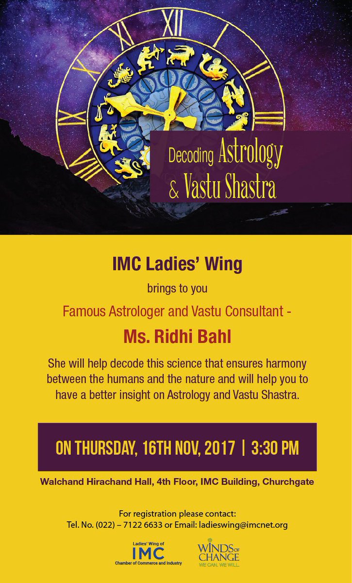 IMCLadiesWing's tweet photo. Decoding ASTROLOGY and VASTU SHASTRA... 
 #16Nov #Astrology #Vastu #VastuShastra #RiddhiBahl #IndianCulture #OurHeritage #LogicBased #Astro https://t.co/UxhJDIbMR5