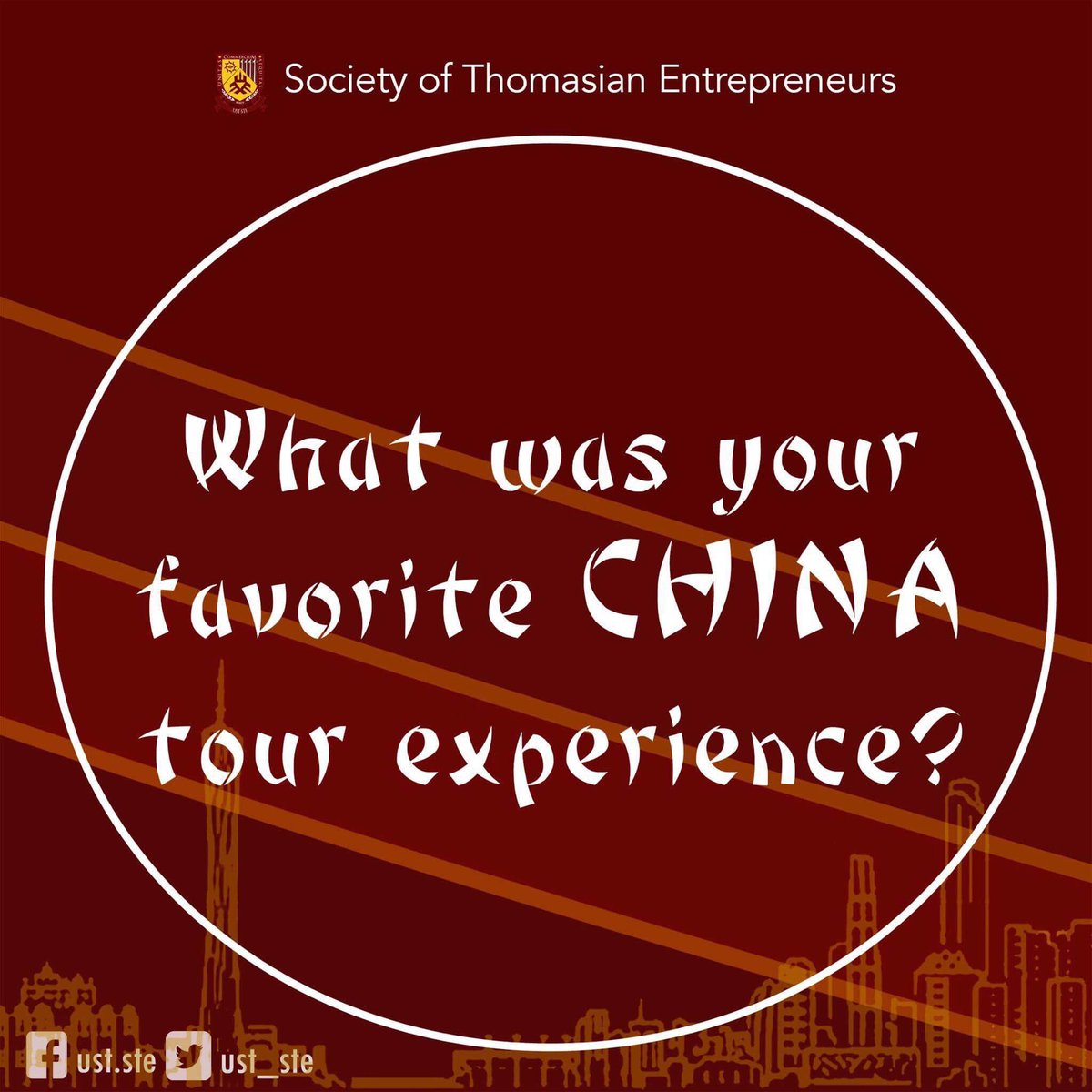 UST_STE's tweet photo. Let's all look back to your experience in China, Thomasian Entrepreneurs! Tweet us your favorite China tour experience.
#EntrepAmplified https://t.co/Y3DxQuzBiR