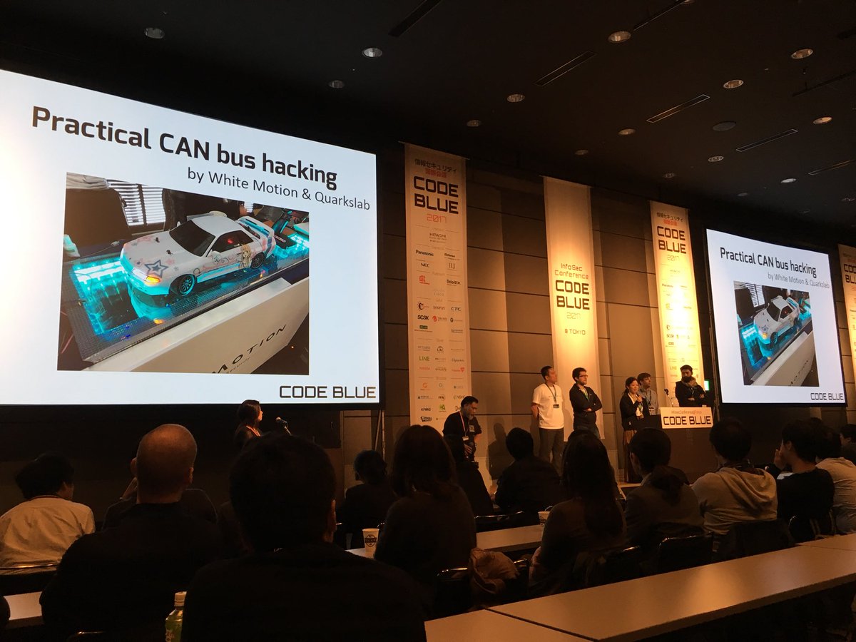 takesako's tweet photo. Practical CAN bus hacking by White Motion &amp; Quarkslab #codeblue_jp https://t.co/NB0Lx8XTKs