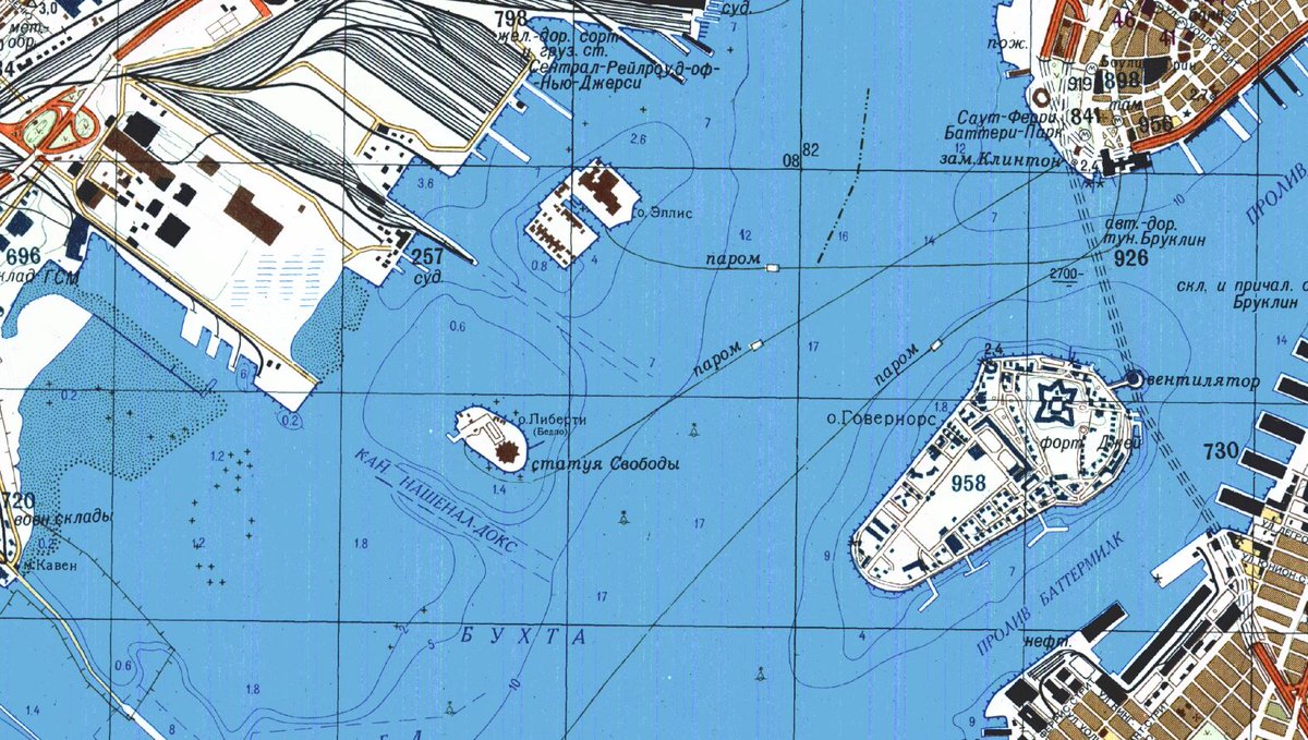 EVGeospatial's tweet photo. Portion of a Soviet military map of New York depicting Ellis Island and the Statue of Liberty #RedAtlas #Sovietmaps https://t.co/iOx6C7ImLa
