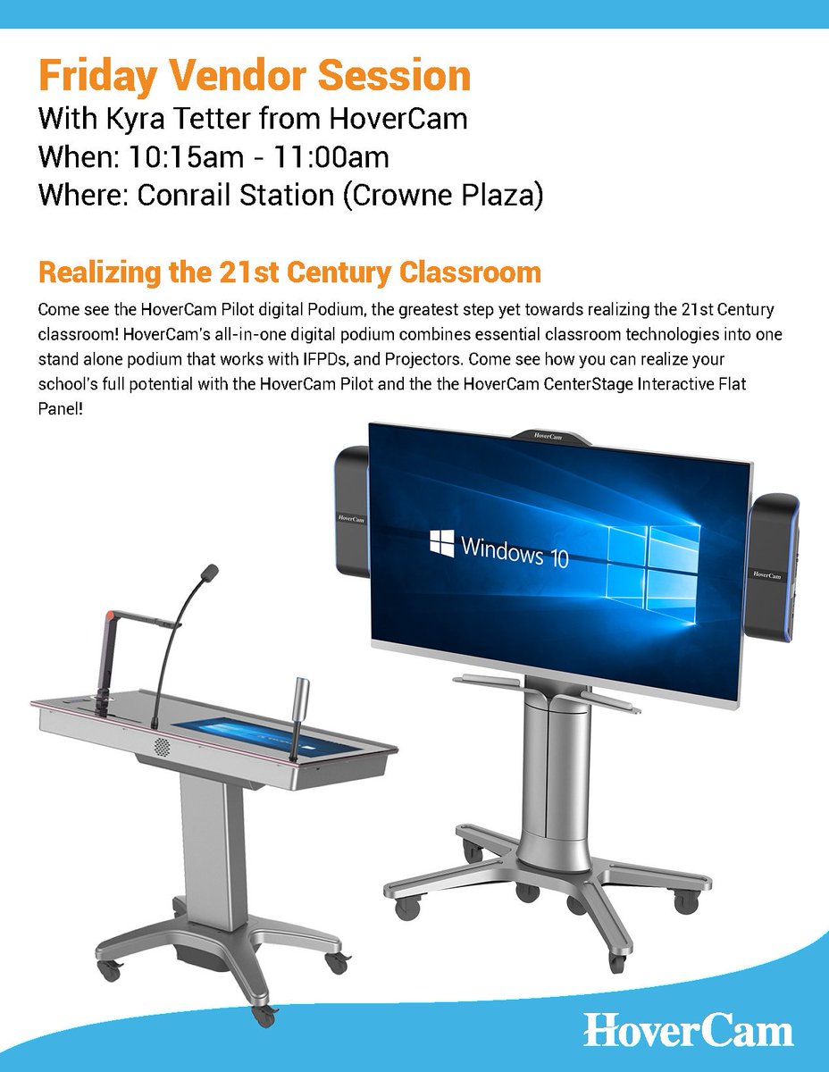 thehovercam's tweet photo. Our vendor session starts in 30 minutes! Find us at Conrail Station 10:15-11:00am. Elevate your class w/ the best #EdTech! #HECC2017 #HECC17 https://t.co/qlMPF8qC3L