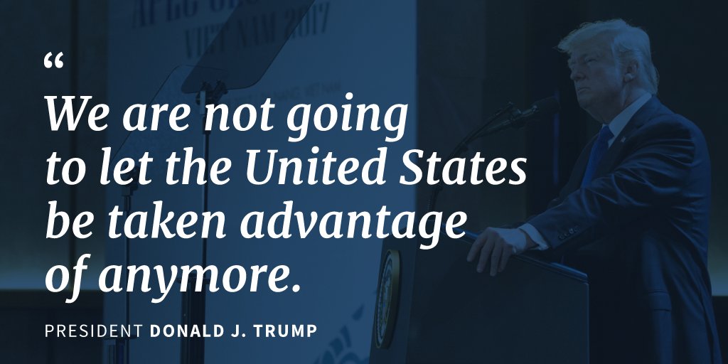 WhiteHouse45's tweet photo. "From this day forward, we will compete on a fair and equal basis. We are not going to let the United States be taken advantage of anymore." #APEC2017 #POTUSinAsia https://t.co/Y4q7FCWy88