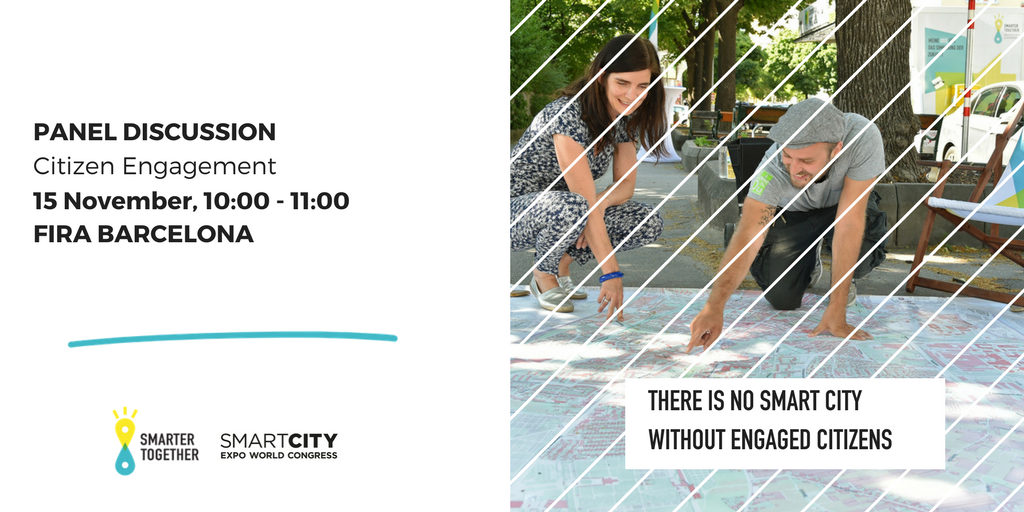 SmarterH2020's tweet photo. Let's talk about #citizenengagement: @veronikacerna of #SmarterTogether moderates this lively panel at @SmartCityexpo along with @EUSmartCities participants - #askaquestion beforehand to shape the conversation https://t.co/hAQQYk1VaR