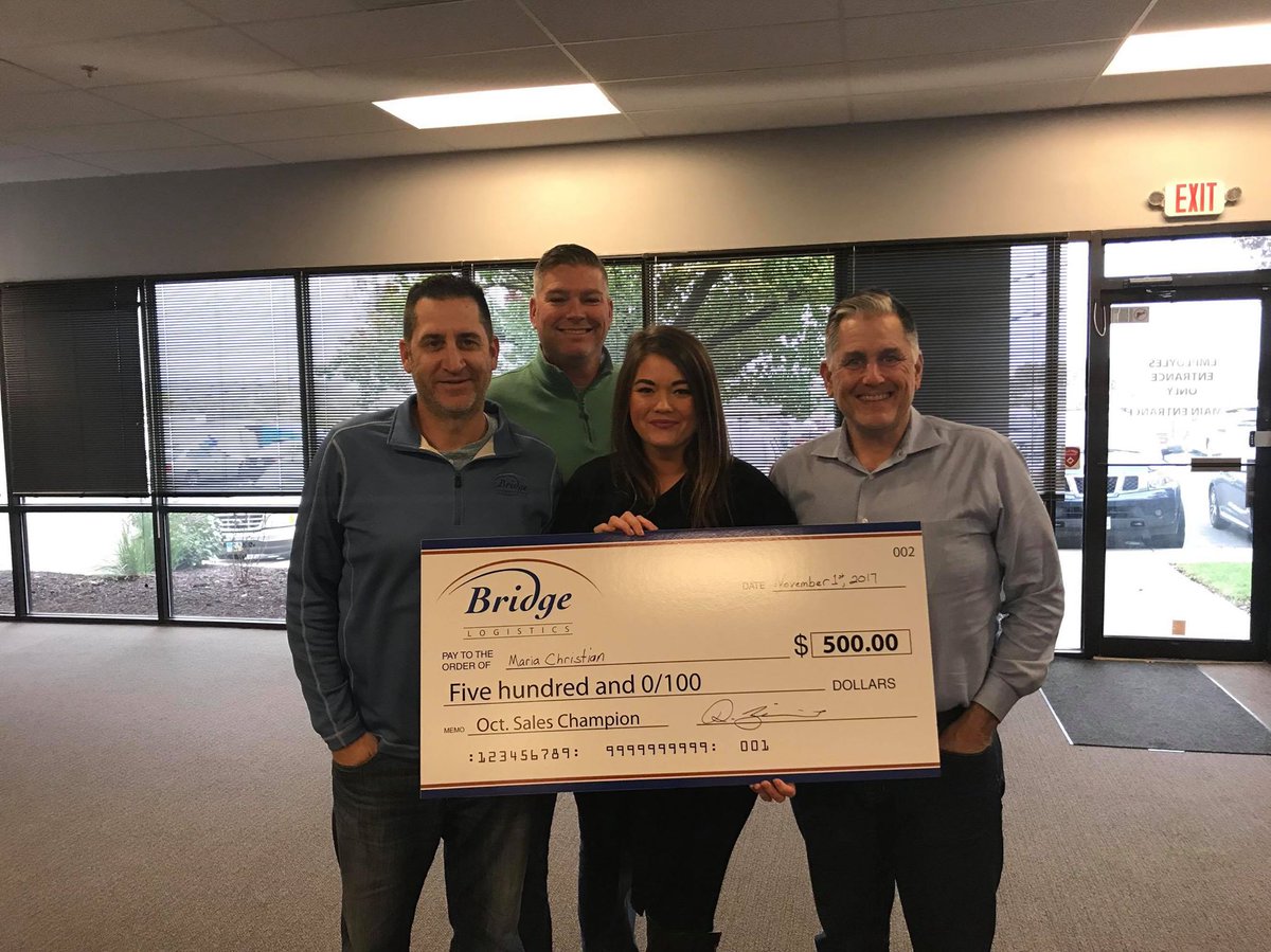 Bridge_Log_Inc's tweet photo. Congratulations to Maria for winning the October Sales Contest! #bridgelogistics https://t.co/ekNtc1eGpv